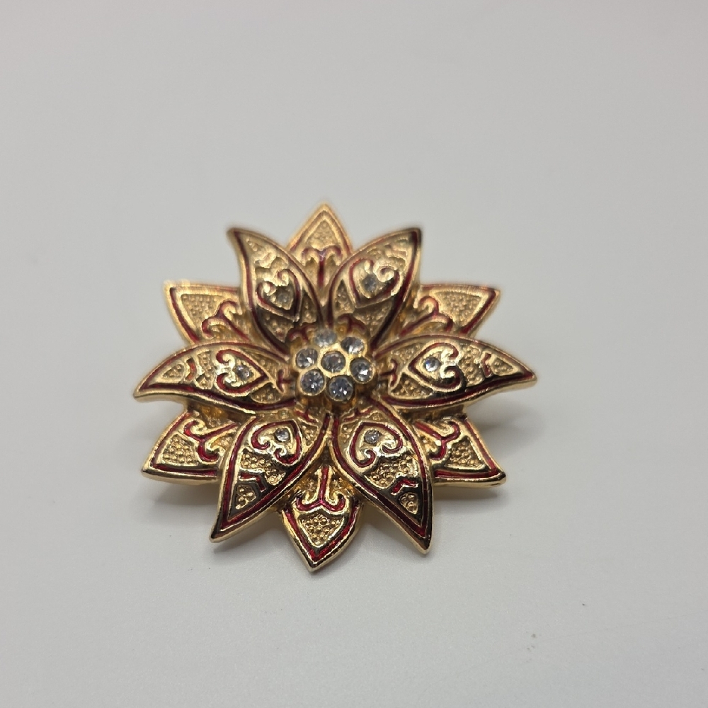 Gold and Red Pointsettia Brooch.  With Crystals By Holiday Lane